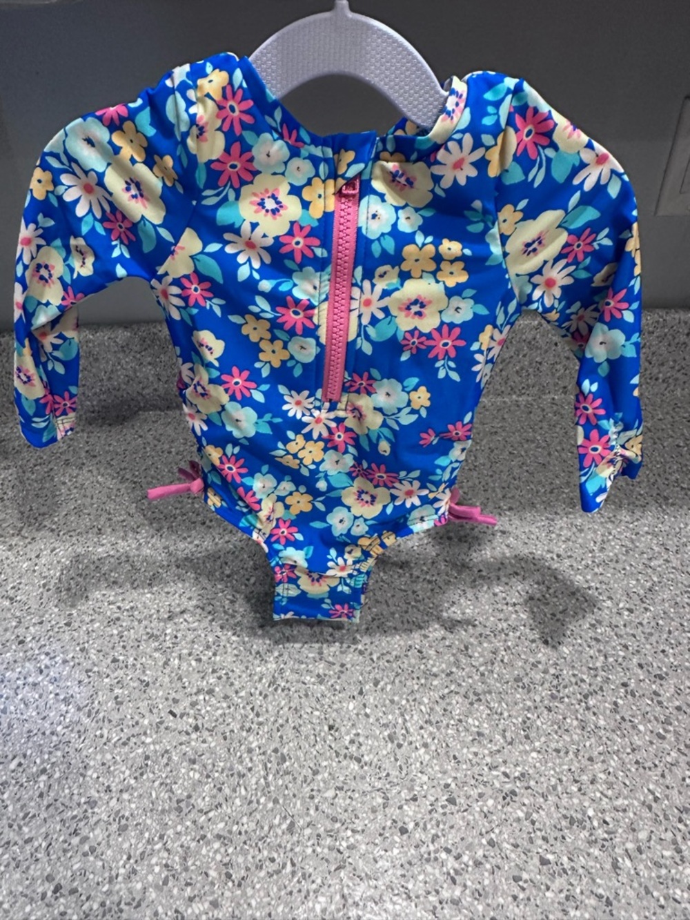 Cat & Jack Blue Floral Long-Sleeve One-Piece Swimsuit with Pink Zipper